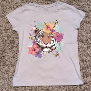 ❤️4/$20 Place Kids T-Shirt with Tiger and Floral Design - Light Gray